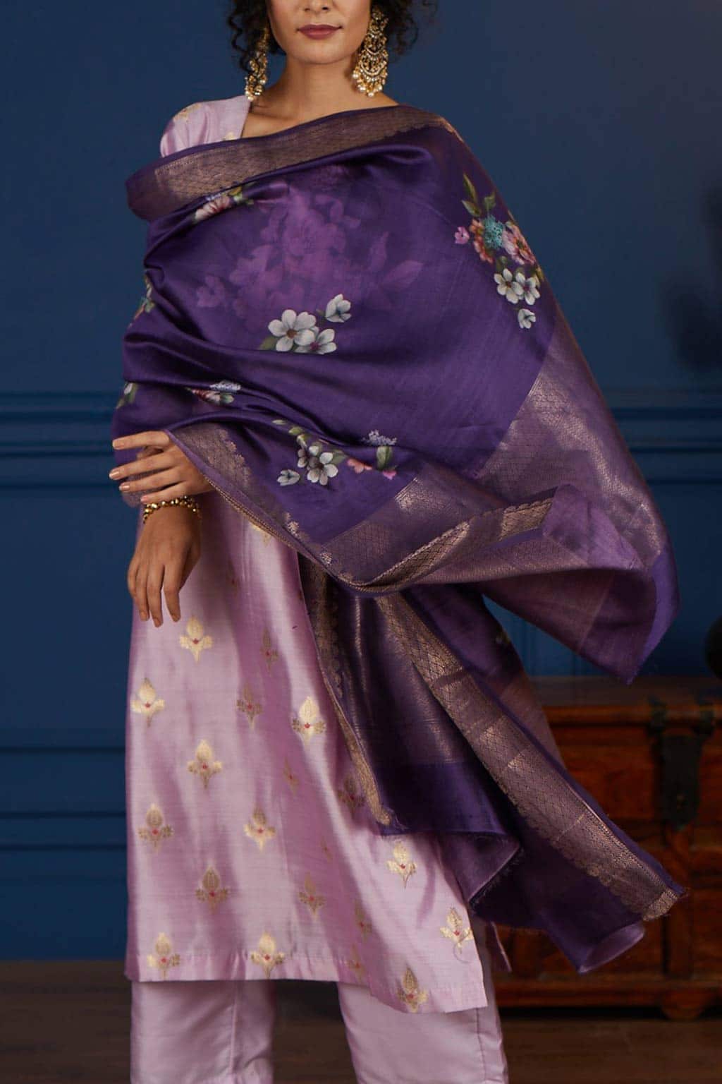 purple dress combination dupatta Dark Purple Kali Ghera Chuddi Sleeve Anarkali With Ivory Dupatta