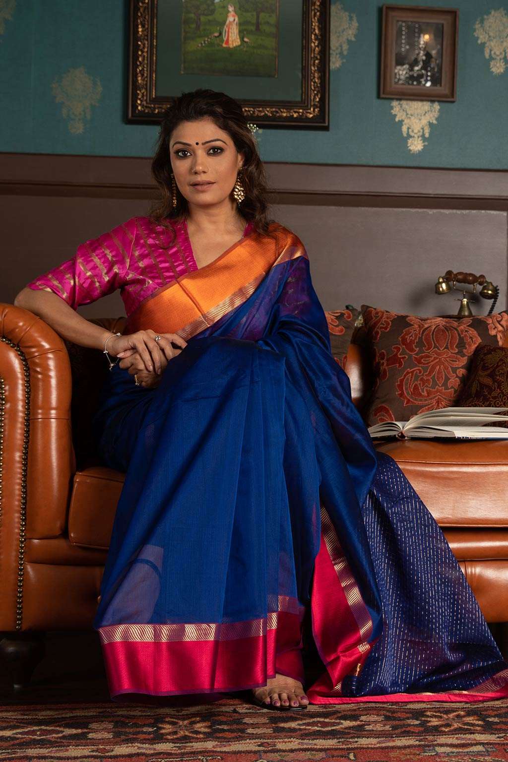 Royal Blue Maheshwari Silk Cotton Handloom Saree With Orange \u0026 Rani Pi –  Six Yard Story