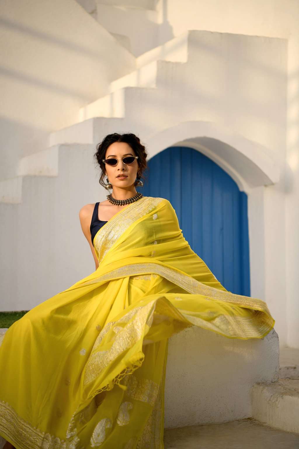 Lemon yellow plain chiffon saree with blouse - SRP Fashion Selection -  1070275