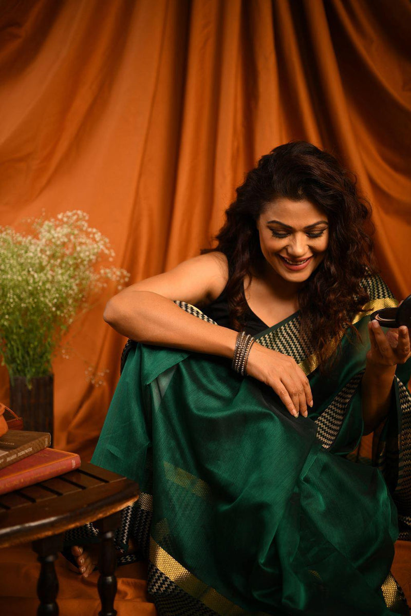 Basil Green Maheshwari Silk Cotton Handloom Saree With Brocade Border