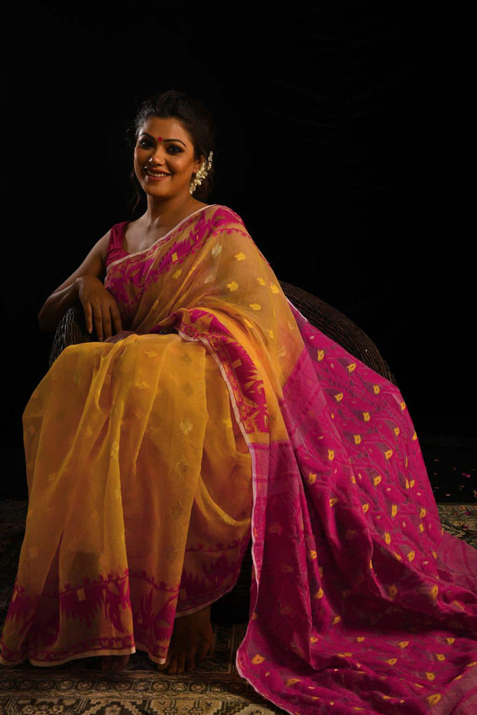 Yellow and Dark Pink Jamdani Muslin Saree – Six Yard Story